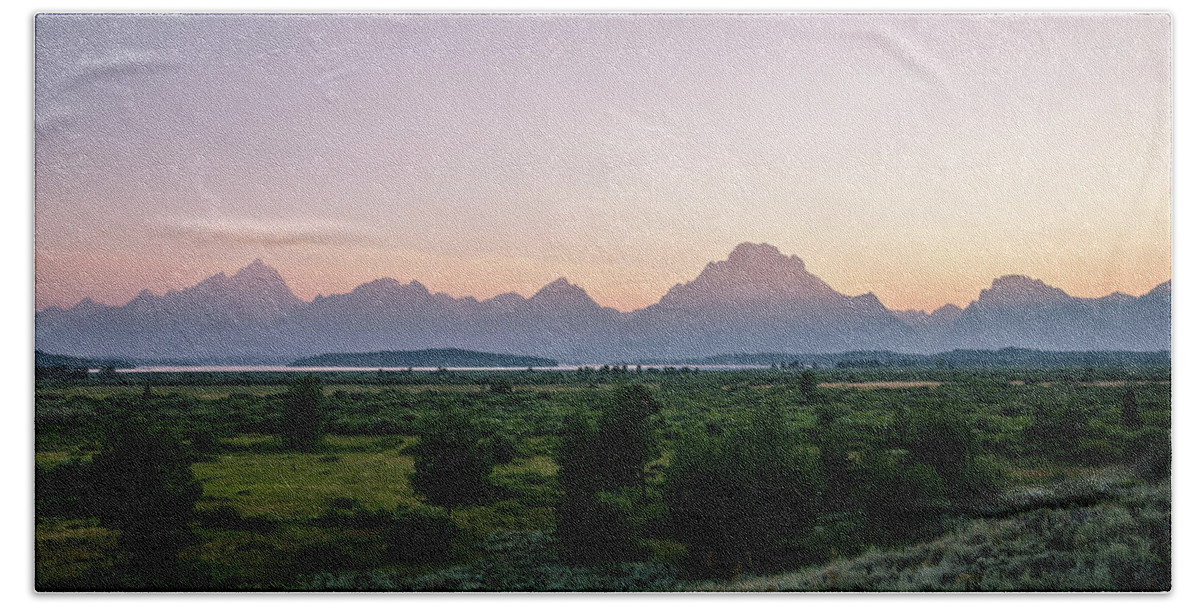 Grand Tetons Bath Towel featuring the photograph Hazy Sunset in the Tetons by Margaret Pitcher