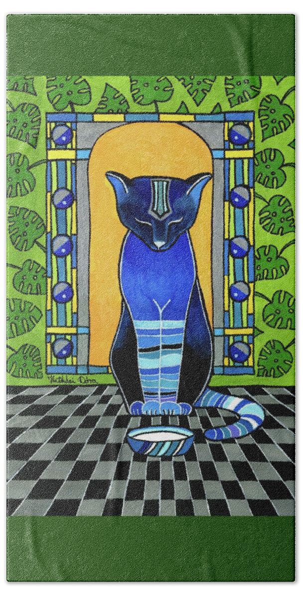 Cats Hand Towel featuring the painting He Is Back - Blue Cat Art by Dora Hathazi Mendes