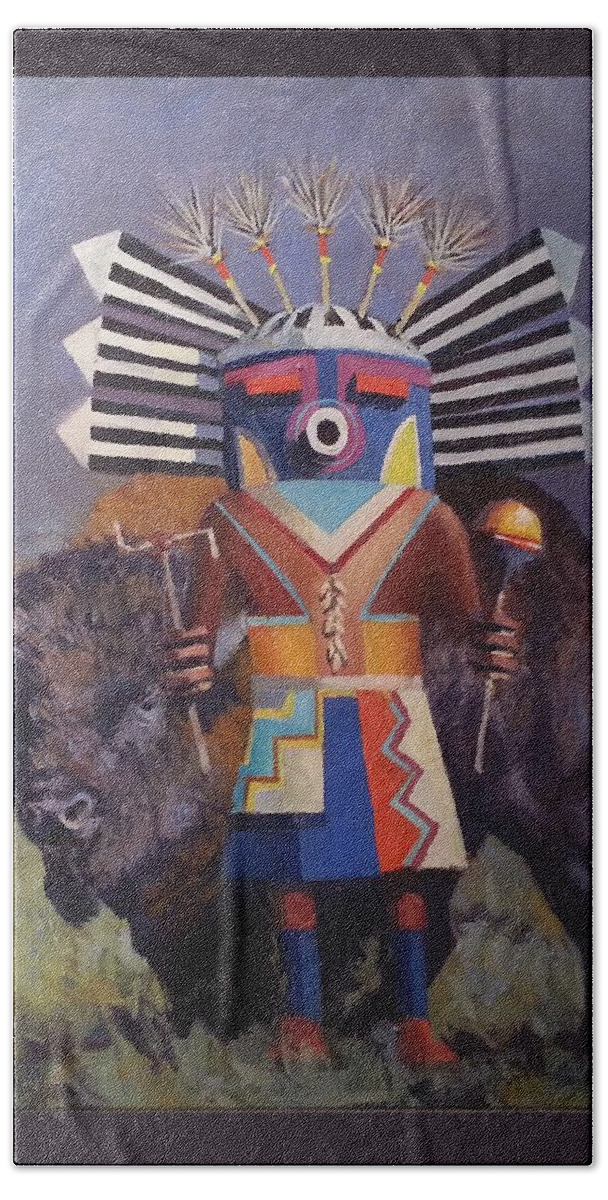 Kachina Bath Towel featuring the painting He Runs With The Buffalo by Jessica Anne Thomas