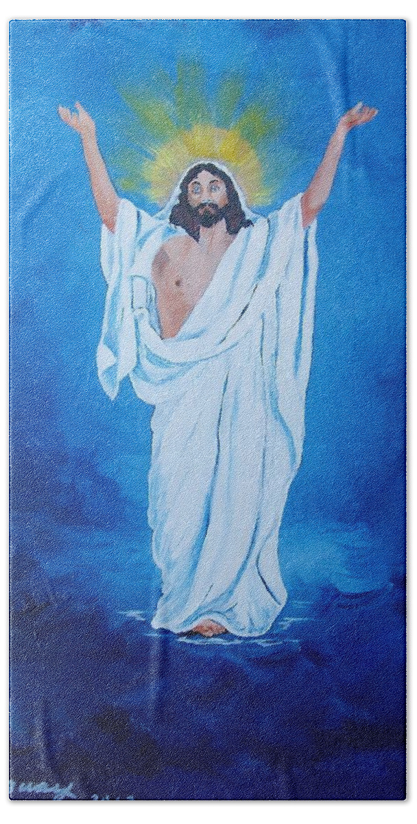 Jesus Bath Towel featuring the painting He Walked on Water by Sharon Duguay
