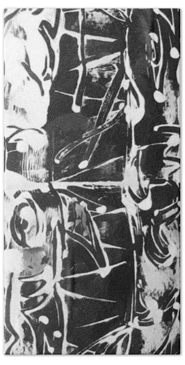 Trees Mono-prints Carol Rashawnna Williams Nature Black And White Bath Towel featuring the painting Healer by Carol Rashawnna Williams