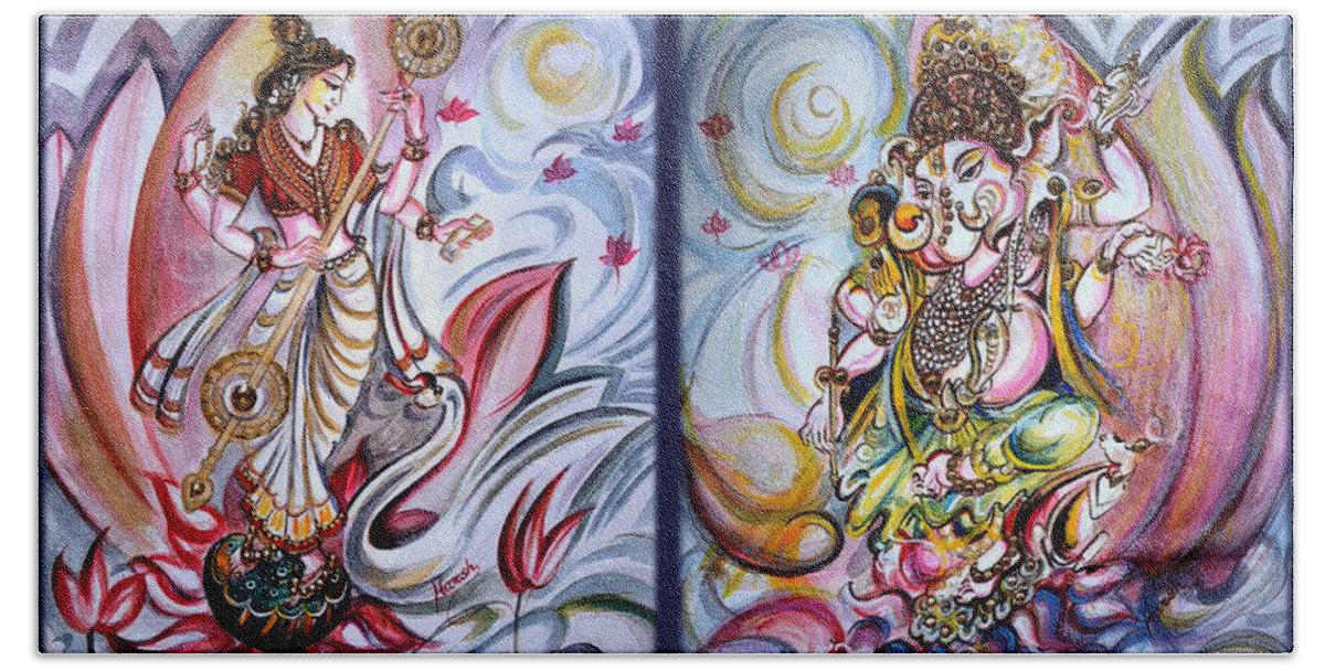 Ganesha Hand Towel featuring the painting Healing Art - Musical Ganesha and Saraswati by Harsh Malik