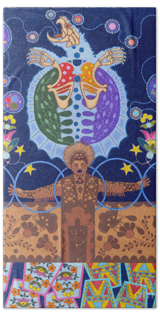 Native American Bath Towel featuring the painting Healing - nanatawihowin by Chholing Taha