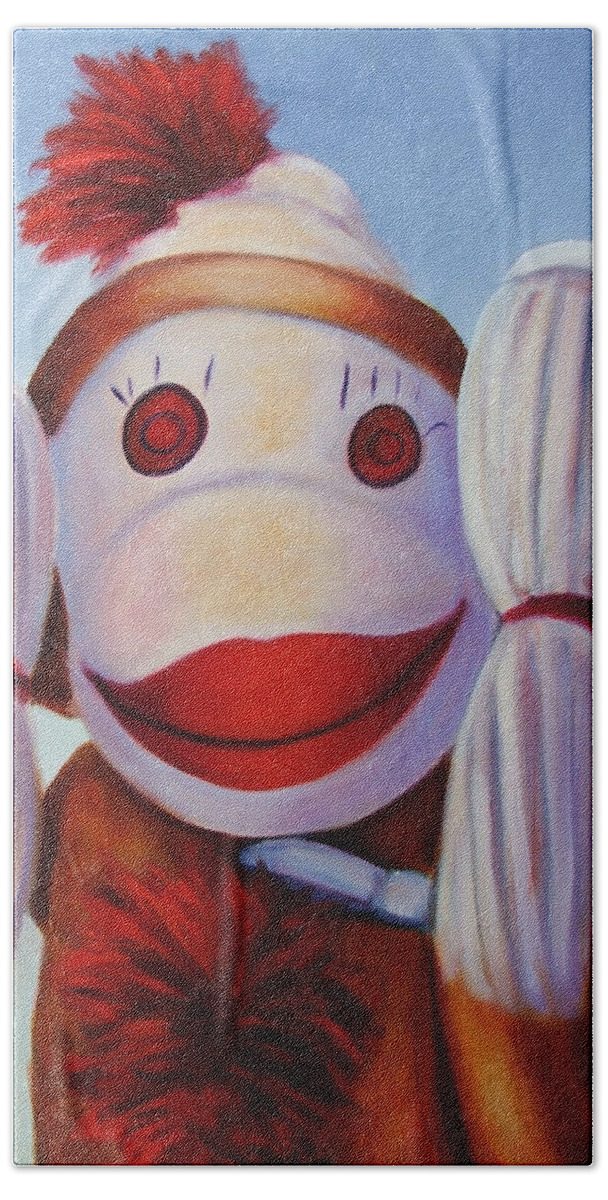 Children Bath Towel featuring the painting Hear No Bad Stuff Sock Monkey by Shannon Grissom