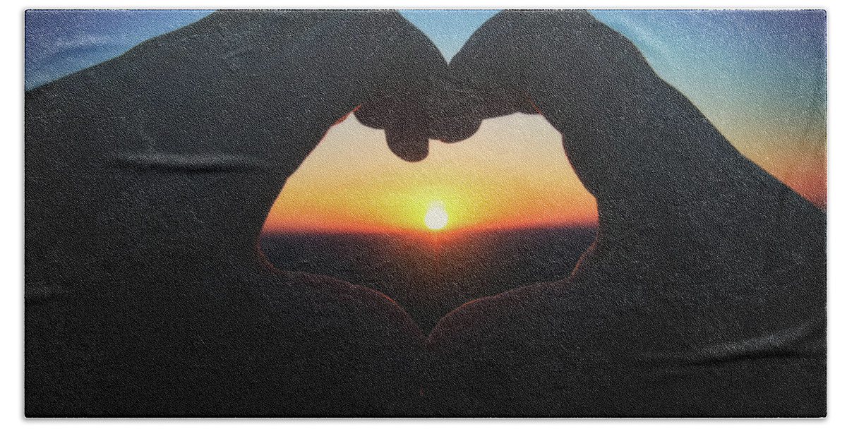 Heart Shaped Hand Silhouette Bath Towel featuring the photograph Heart Shaped Hand Silhouette - Sunset at Lapham Peak - Wisconsin by Jennifer Rondinelli Reilly - Fine Art Photography