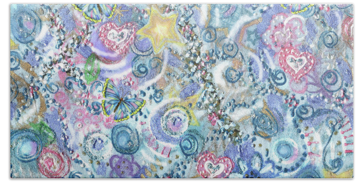 Pastel Hand Towel featuring the painting Pattern Hearts and Butterflies by Jean Batzell Fitzgerald