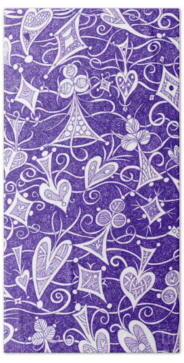 Lise Winne Bath Towel featuring the drawing Hearts, Spades, Diamonds And Clubs In Purple by Lise Winne