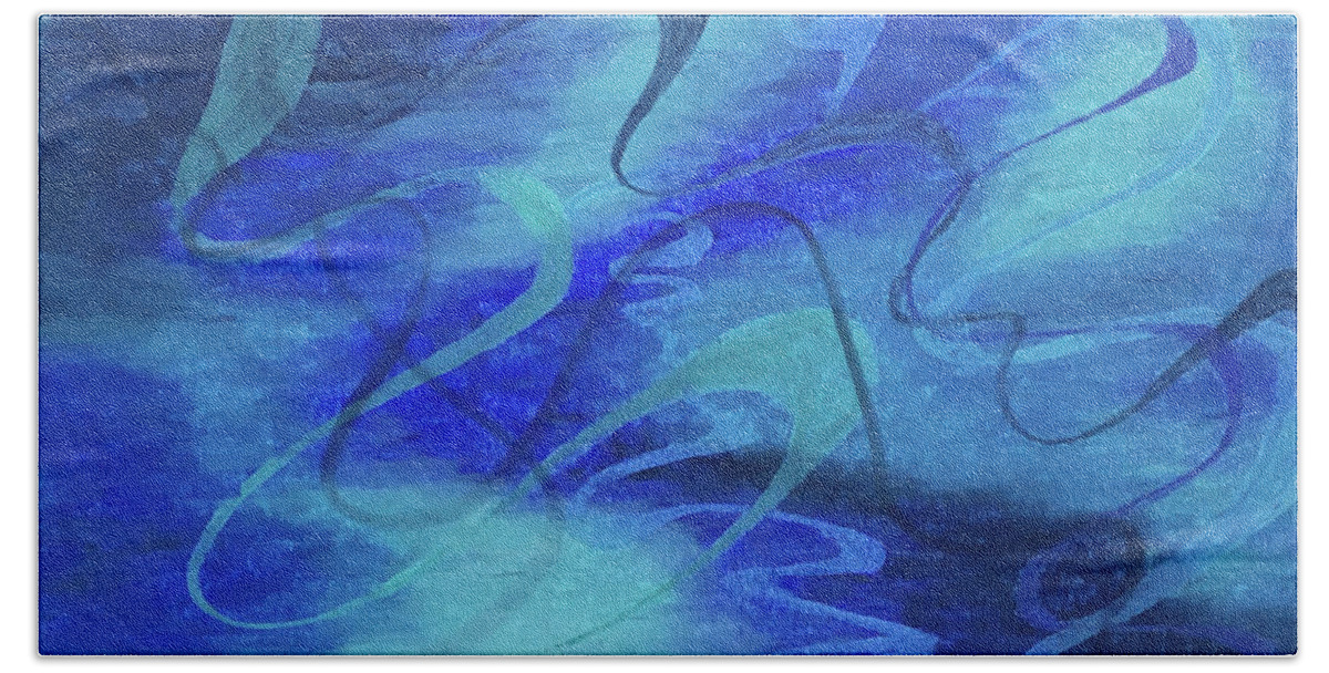 Abstract Bath Towel featuring the painting Heartsong Blue 1 by Annette M Stevenson
