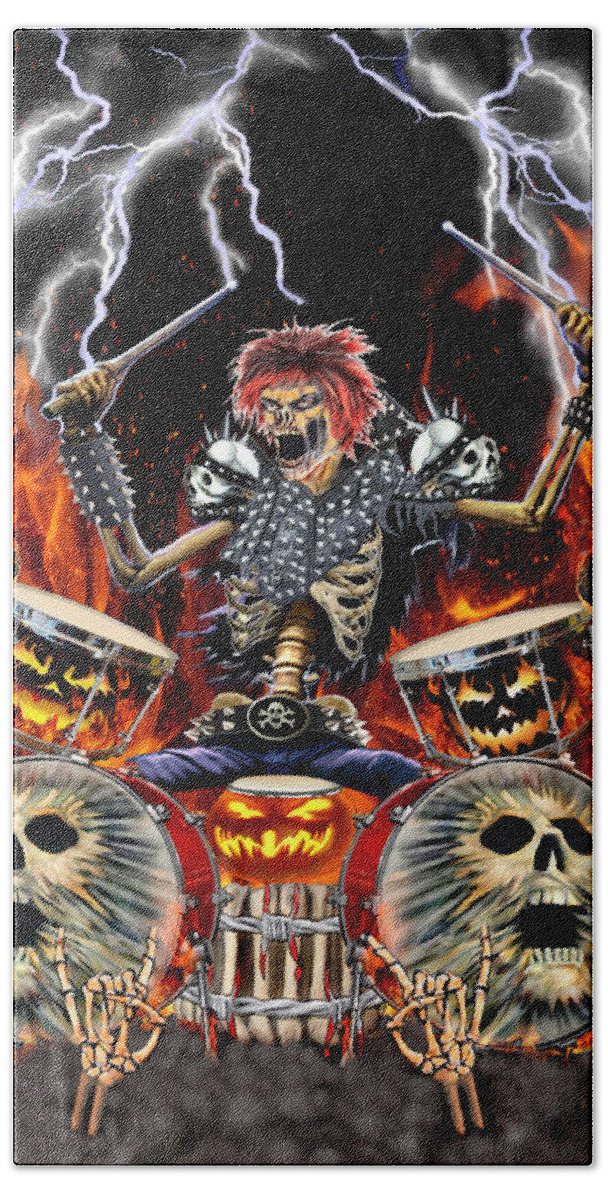 Heavy Metal Zombie Drummer Bath Towel by Glenn Holbrook - Fine Art