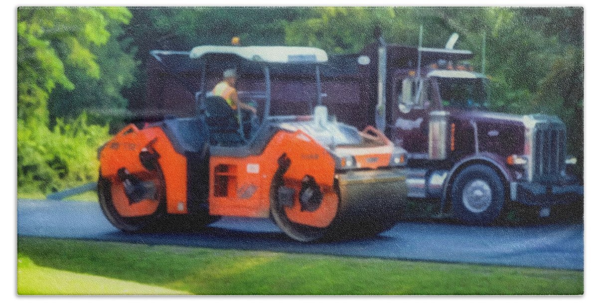 Pressure Bath Towel featuring the painting Heavy tandem Vibration roller compactor at asphalt pavement works for road repairing 1 by Jeelan Clark