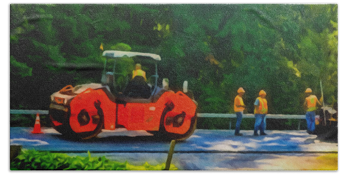 Activity Hand Towel featuring the painting Heavy Tandem Vibration Roller Compactor At Asphalt Pavement Works For Road Repairing 2 by Jeelan Clark