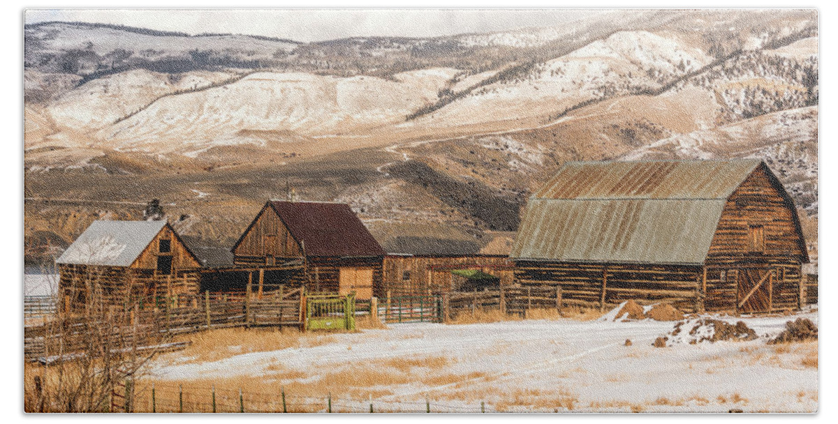 Barns Bath Towel featuring the photograph Heeney Road Barns and Snow by Stephen Johnson