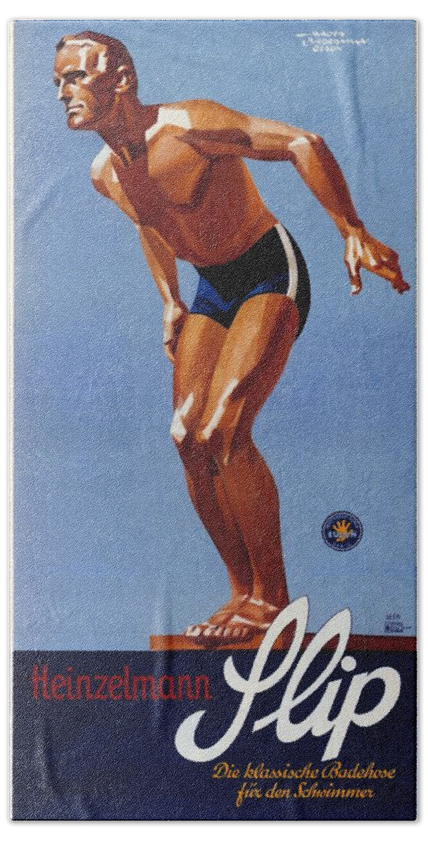 Heinzelmann Hand Towel featuring the mixed media Heinzelmann Flip - Classic Badehose for Swimwear - Vintage Advertising Poster by Studio Grafiikka