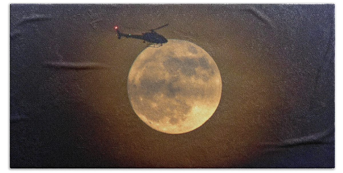 Linda Brody Bath Towel featuring the photograph Helicopter Moon and Clouds I by Linda Brody