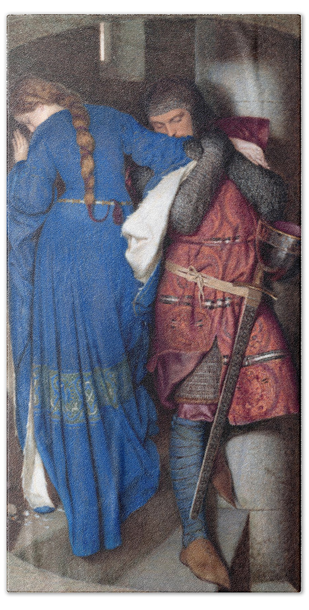 Frederic William Burton Bath Towel featuring the drawing Hellelil and Hildebrand or The Meeting on the Turret Stairs by Frederic William Burton