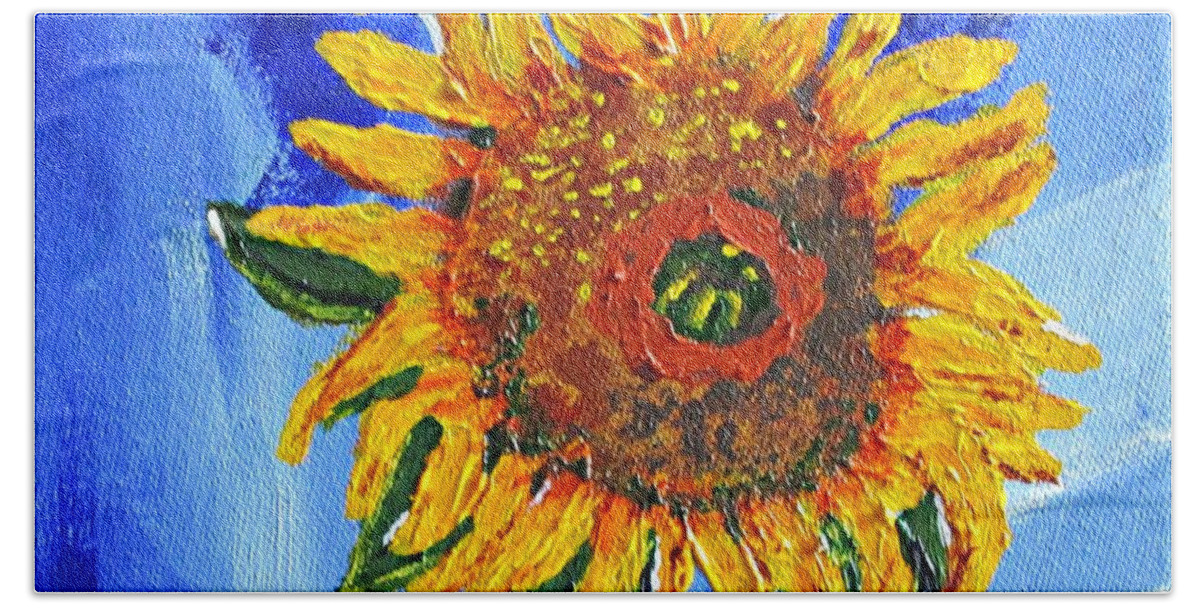 Sunflower Bath Towel featuring the painting Hello Sunshine by Mary Mirabal