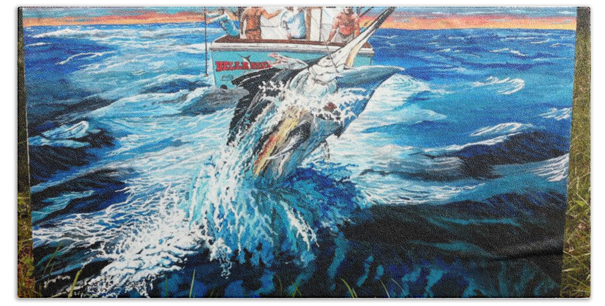 Black Marlin On Charter Boat Hellraiser Bath Towel featuring the painting Hellraiser by Minamoto Yoshida