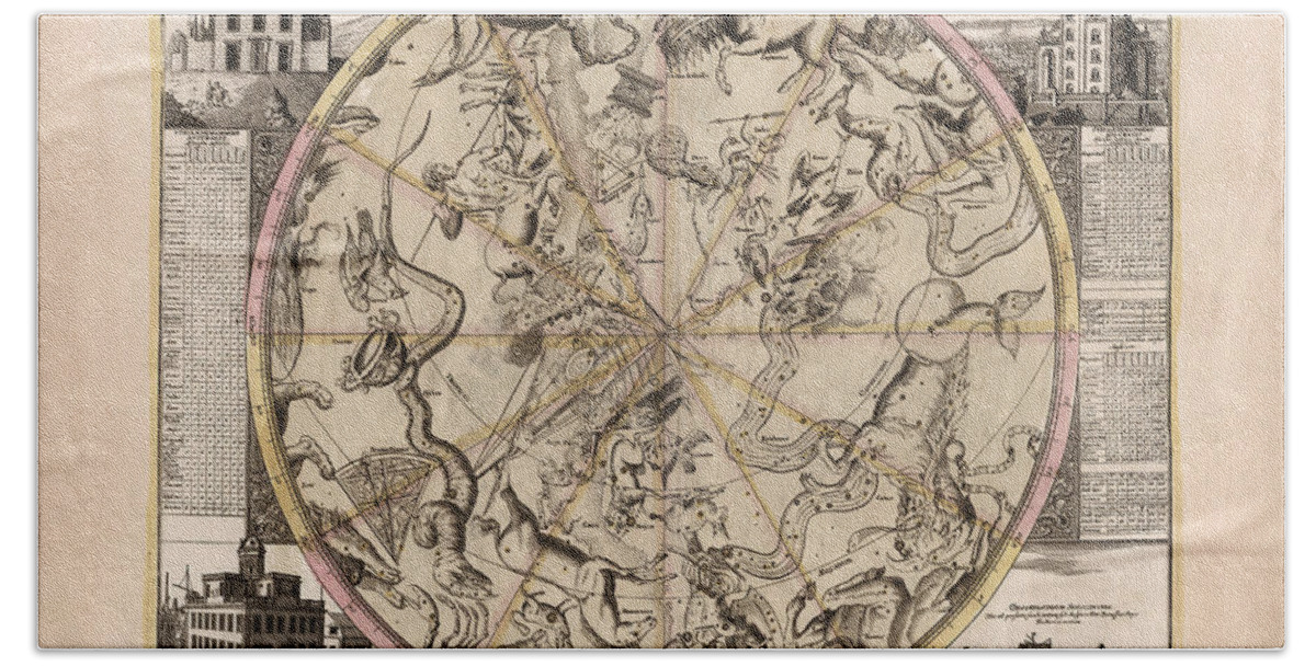 Map Of The Constellations Hand Towel featuring the drawing Hemisphaerium Coeli Australe - Celestial Map - Constellations Map - Illustrated Map of the Sky by Studio Grafiikka