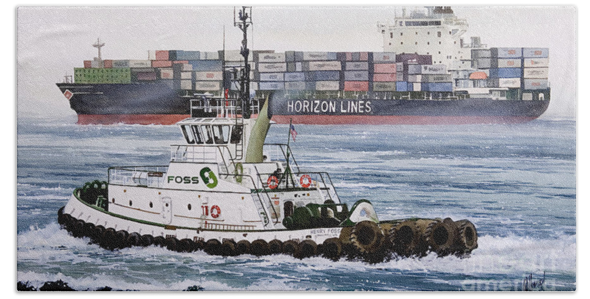 Horizon Line Vessels Bath Towel featuring the painting HENRY FOSS Ship Assist by James Williamson