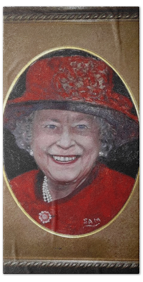 Royal Family Hand Towel featuring the painting Her Majesty Queen Elizabeth by Sam Shaker