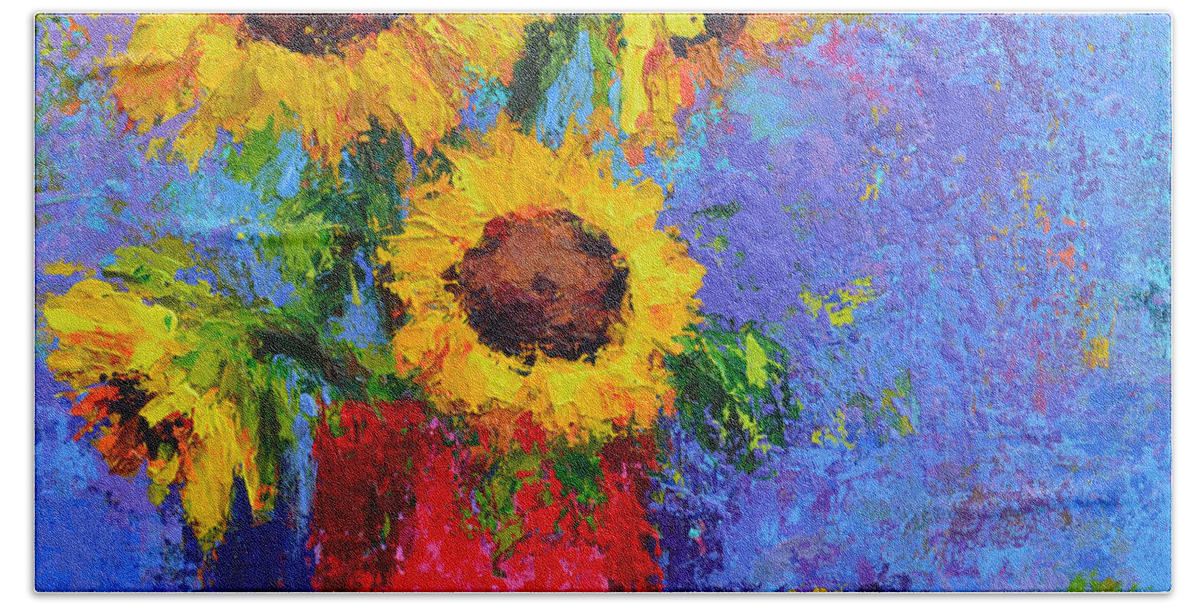 Floral Still Life Bath Towel featuring the painting Here Comes the Sunshine Modern Impressionist Floral Still life palette knife work by Patricia Awapara