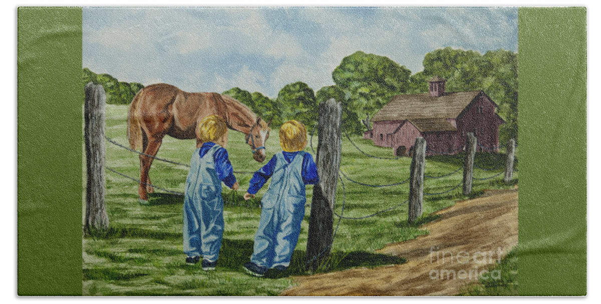 Country Kids Art Bath Towel featuring the painting Here Horsey Horsey by Charlotte Blanchard