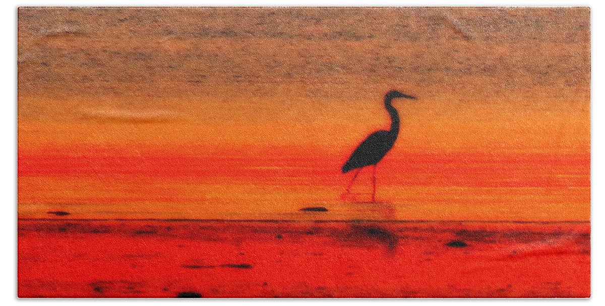 Heron At Dawn Hand Towel featuring the photograph Heron at Dawn by Suzanne DeGeorge