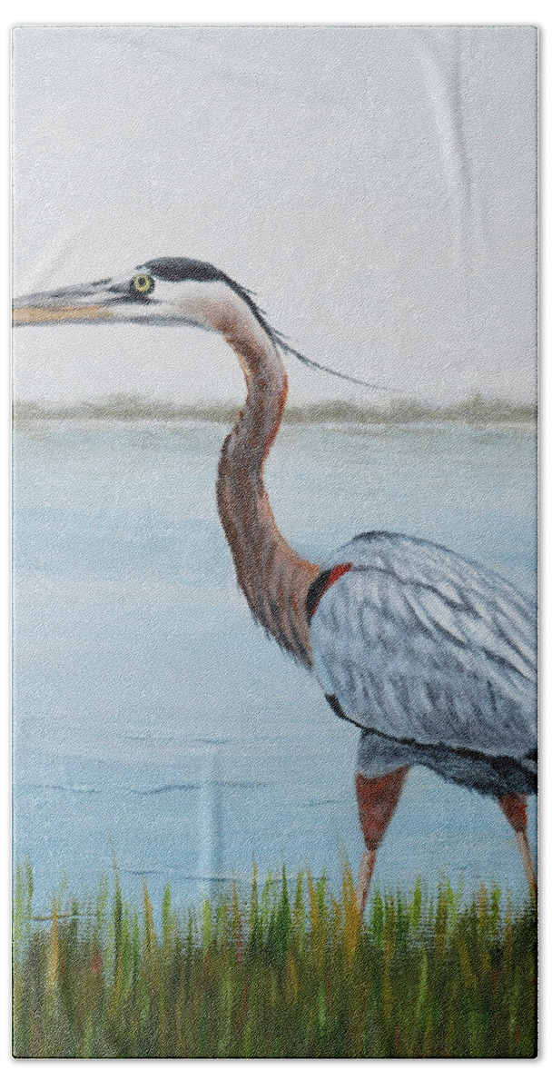 Heron Bath Towel featuring the painting Heron in the Marsh by Jimmie Bartlett