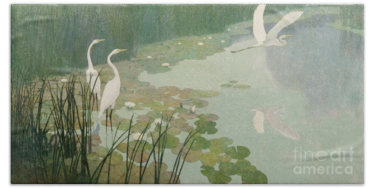 Herons In Summer Bath Towel featuring the painting Herons in Summer by Newell Convers Wyeth