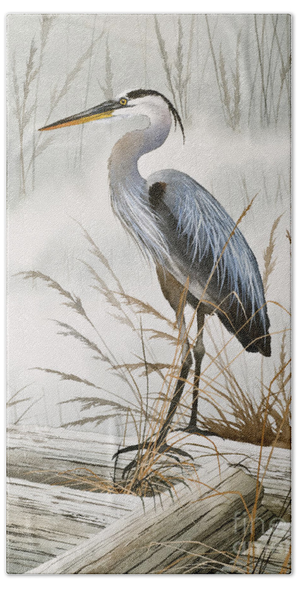 Heron Painting Hand Towel featuring the painting Herons Misty Shore by James Williamson