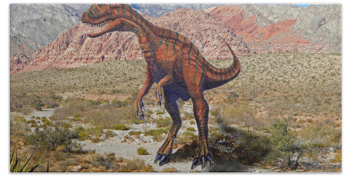 Dinosaur Art Bath Towel featuring the mixed media Herrarsaurus In Desert by Frank Wilson