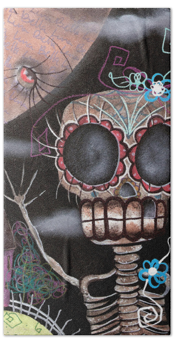 Day Of The Dead Bath Towel featuring the painting HI by Abril Andrade