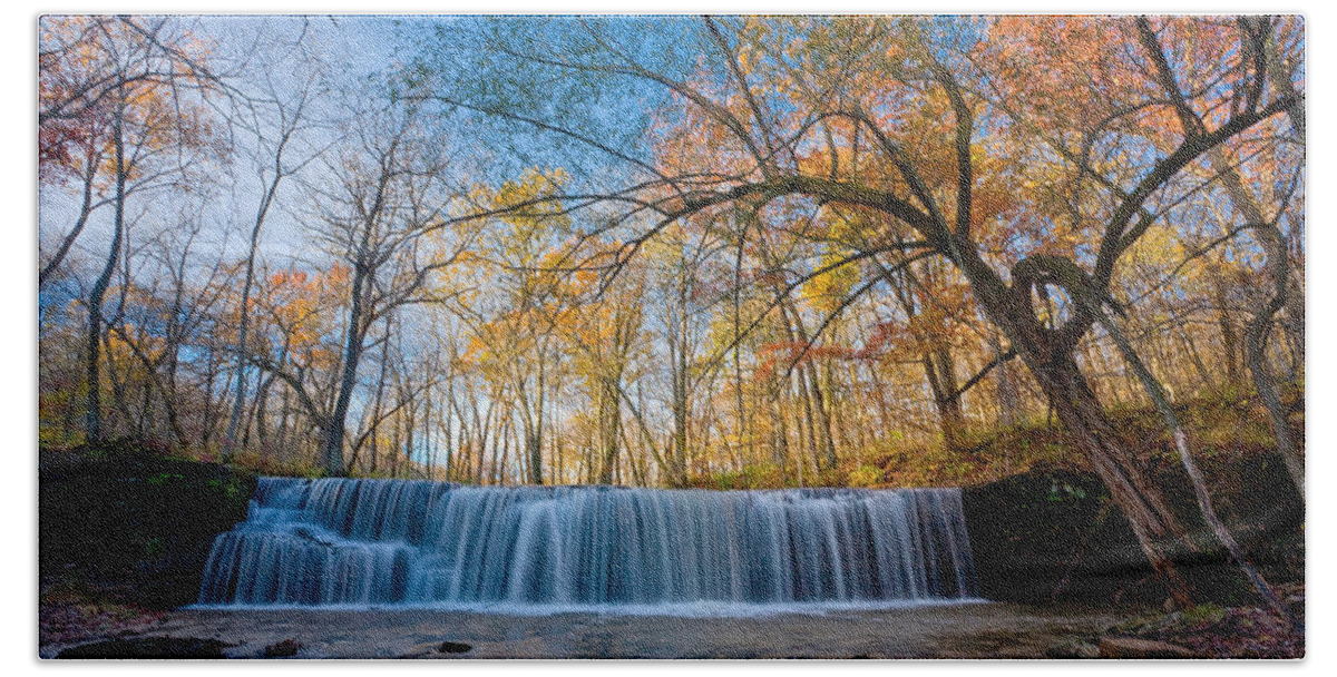 Autumn Bath Towel featuring the photograph Hidden Falls in Autumn at full flow by Rikk Flohr