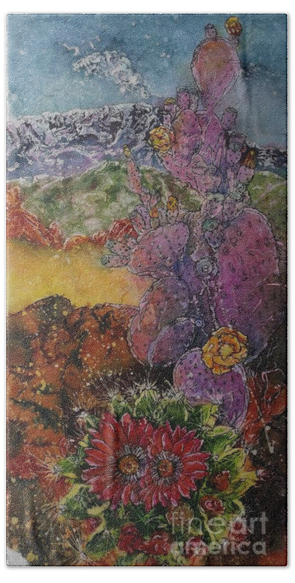 Watercolor Batik Bath Towel featuring the mixed media High Desert Spring by Carol Losinski Naylor