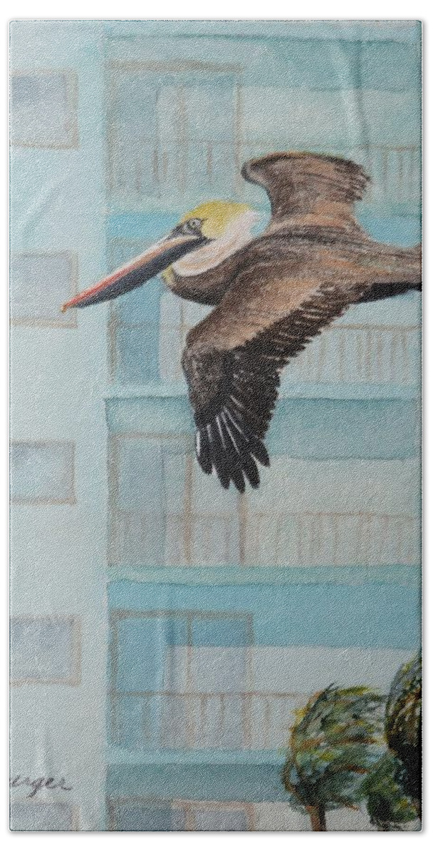 Pelican Bath Towel featuring the painting High Rise Pelican by Joseph Burger