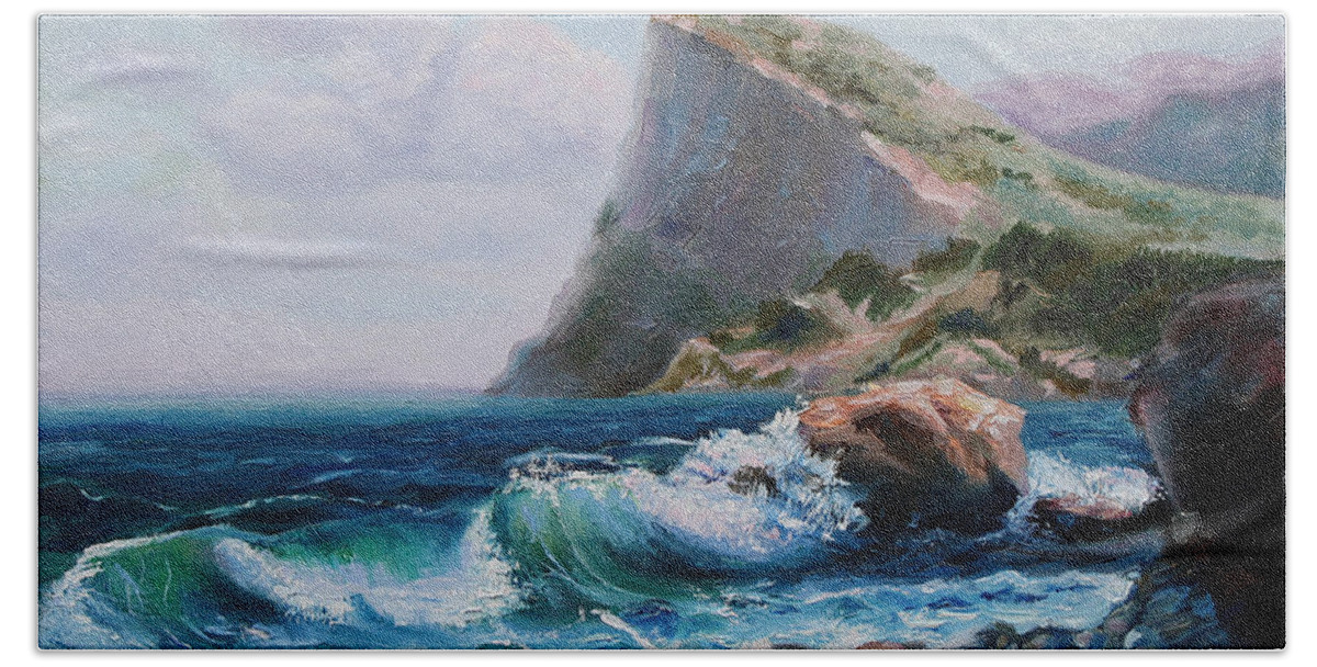 Elena Antakova Bath Towel featuring the painting High Rock on the Sea Shore by Elena Antakova