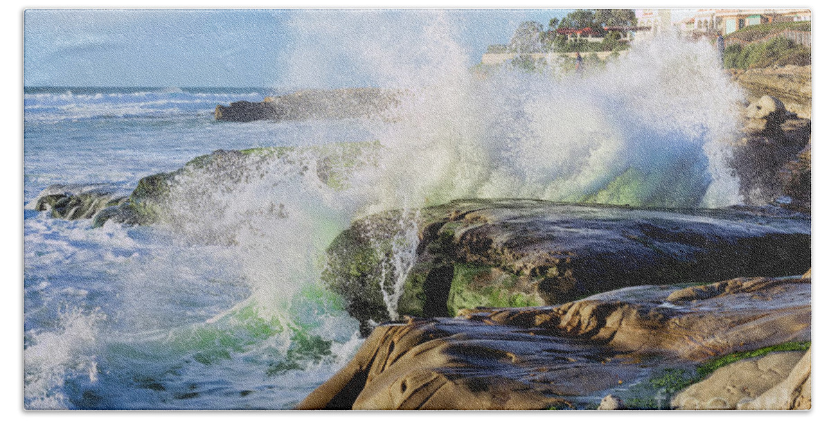 High Hand Towel featuring the photograph High Tide On The Rocks by Eddie Yerkish
