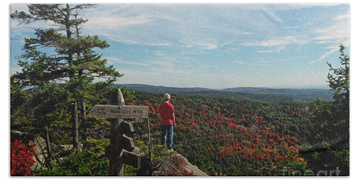 Sign Bath Towel featuring the photograph Hiker in Acadia National Park by Kevin Shields