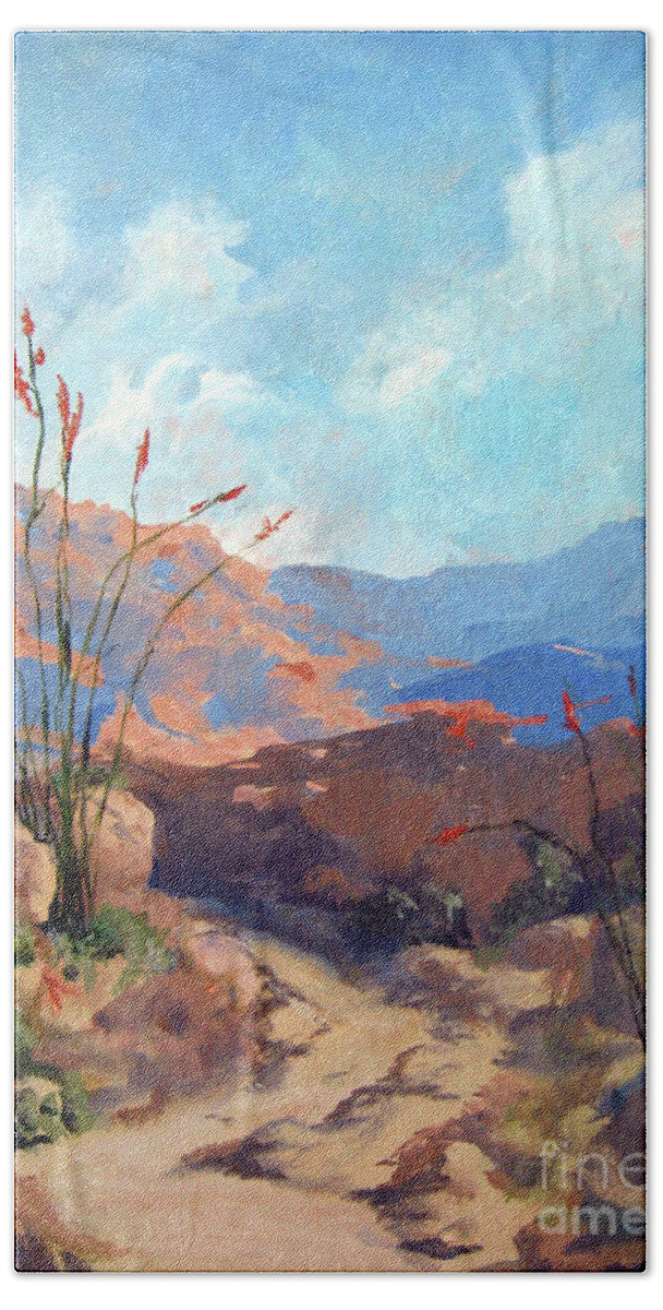 Framed Desert Scape Bath Towel featuring the painting Hiking the Santa Rosa Mountains by Maria Hunt