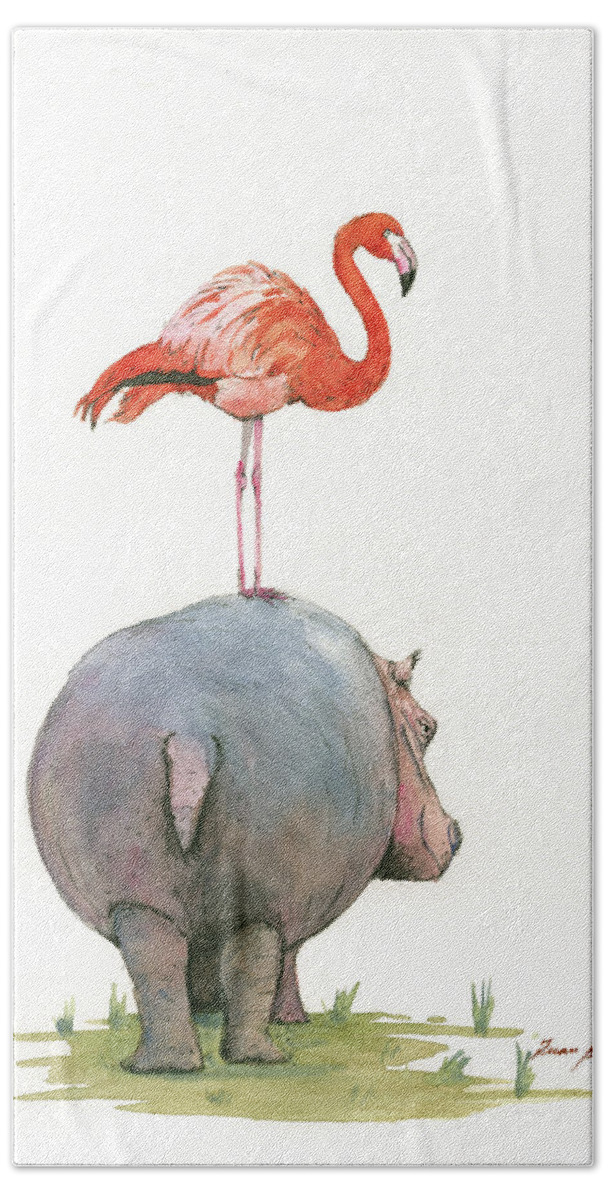Hippo Art Bath Sheet featuring the painting Hippo with flamingo by Juan Bosco