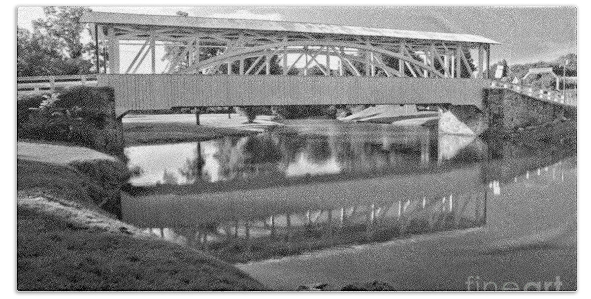 Halls Mill Covered Bridge Bath Towel featuring the photograph Historic Halls Mill Bridge Reflections Black And White by Adam Jewell