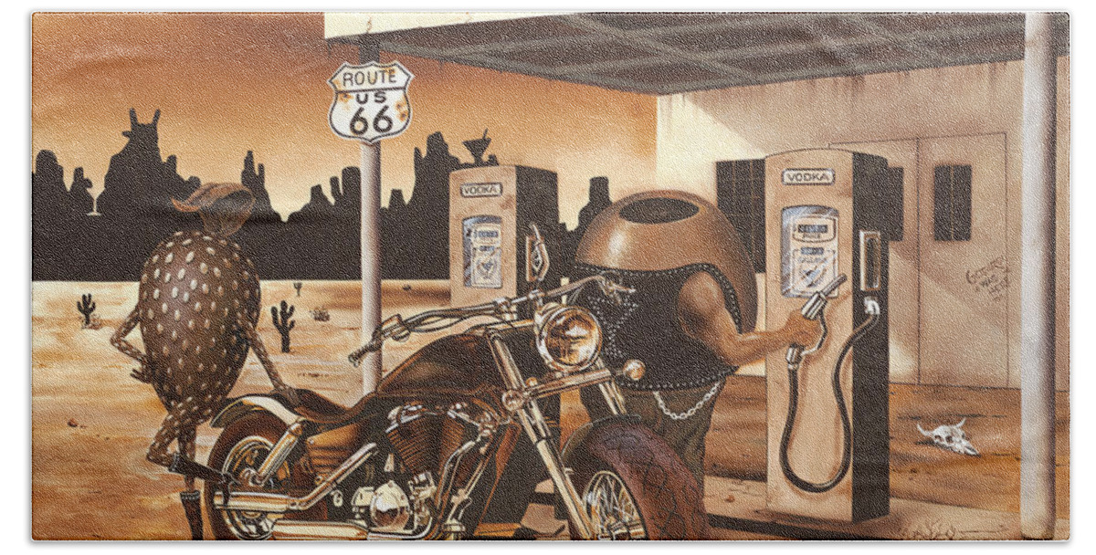 Biker Hand Towel featuring the painting Historic Route 66 by Michael Godard