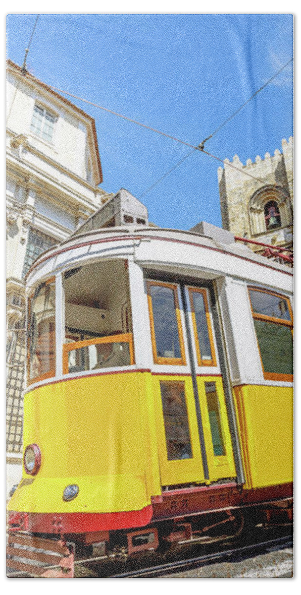 Lisbon Bath Towel featuring the photograph Historic tram and Lisbon Cathedral by Benny Marty
