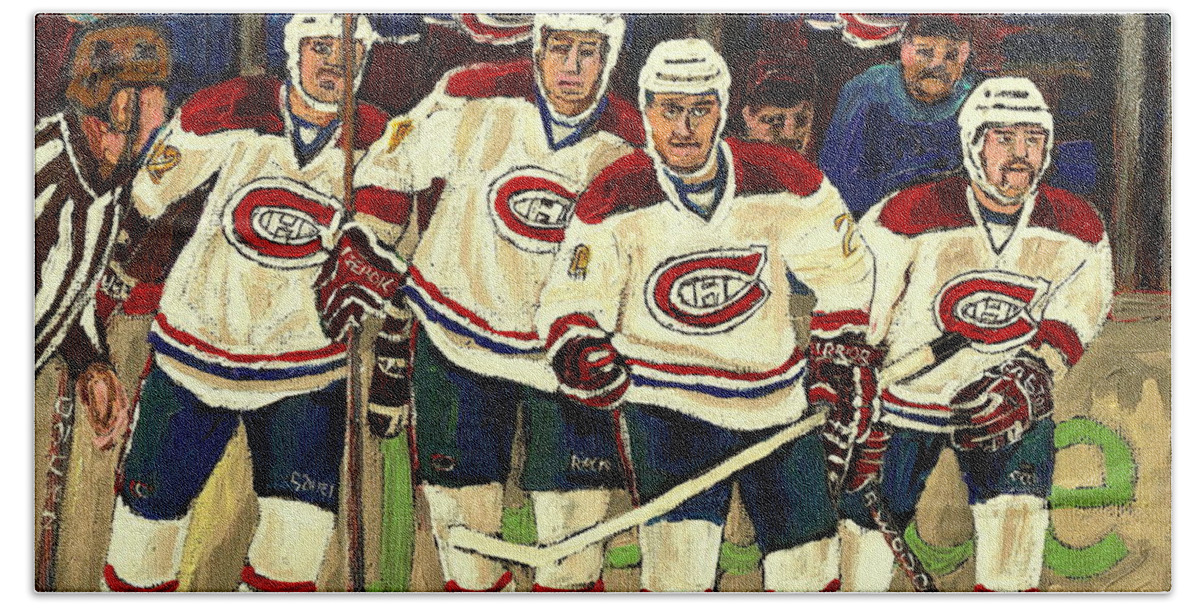 Hockey Art The Habs Fab Four Bath Towel featuring the painting Hockey Art The Habs Fab Four by Carole Spandau