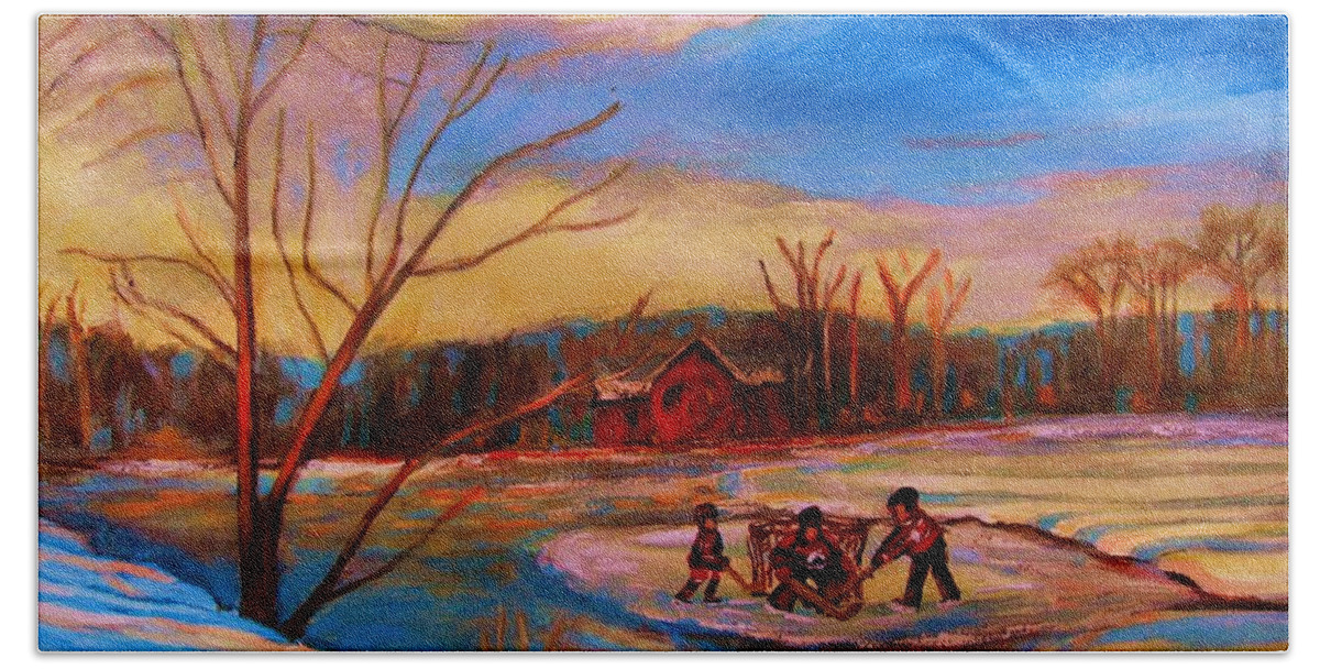 Pond Hockey Bath Towel featuring the painting Hockey Game On Frozen Pond by Carole Spandau