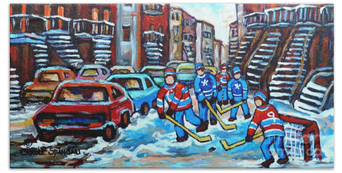 Montreal Hand Towel featuring the painting Hockey Streetscene Painting For Sale Montreal Staircases Winter In Verdun C Spandau Snowscenes by Carole Spandau