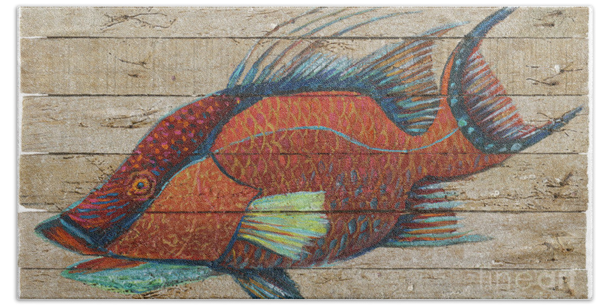 Fish Hand Towel featuring the painting Hogfish on Lobster Trap Wood by Danielle Perry