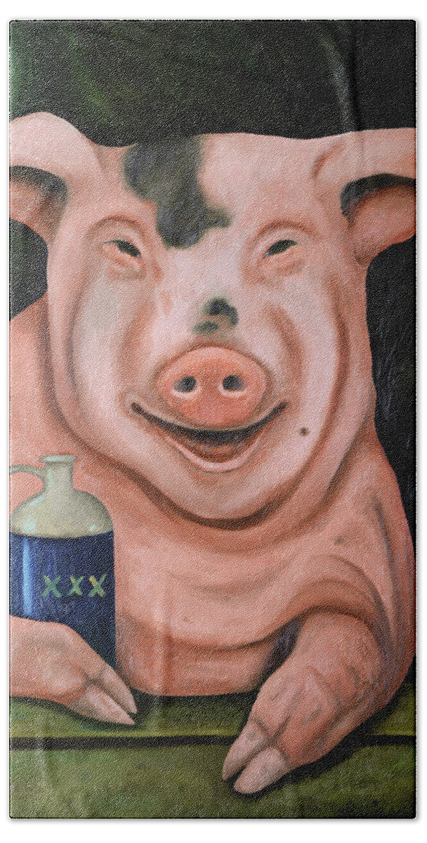 Pig Hand Towel featuring the painting Hogging The Moonshine by Leah Saulnier The Painting Maniac
