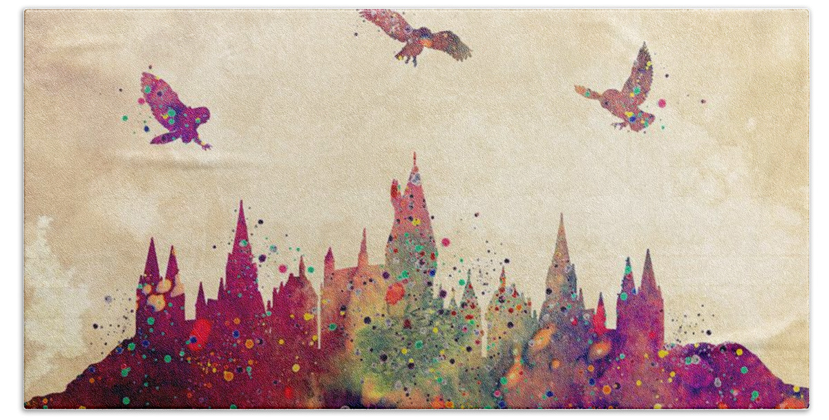 Hogwarts Castle Hand Towel featuring the digital art Hogwarts Castle Watercolor Art Print by White Lotus