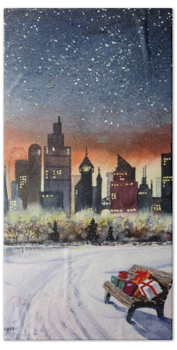 Watercolor Bath Towel featuring the painting Holiday Skyline by Joseph Burger